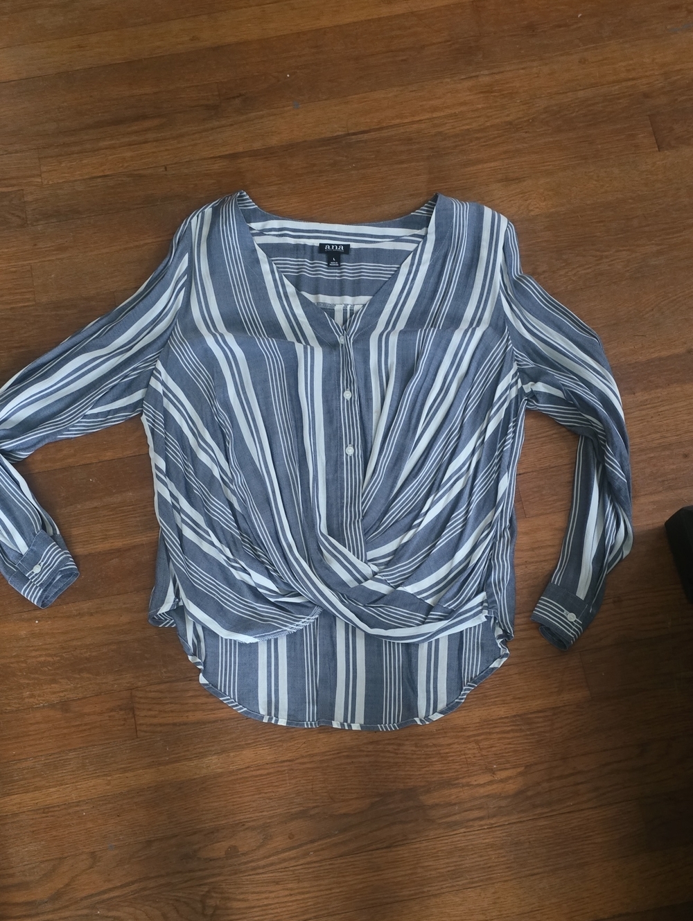 a.n.a Navy and White Striped Twist-Front Button Down Shirt